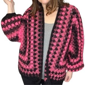 Handcrafted Crochet Cardigan Sweater Granny Stitch Wide Sleeve Neon Pink Black